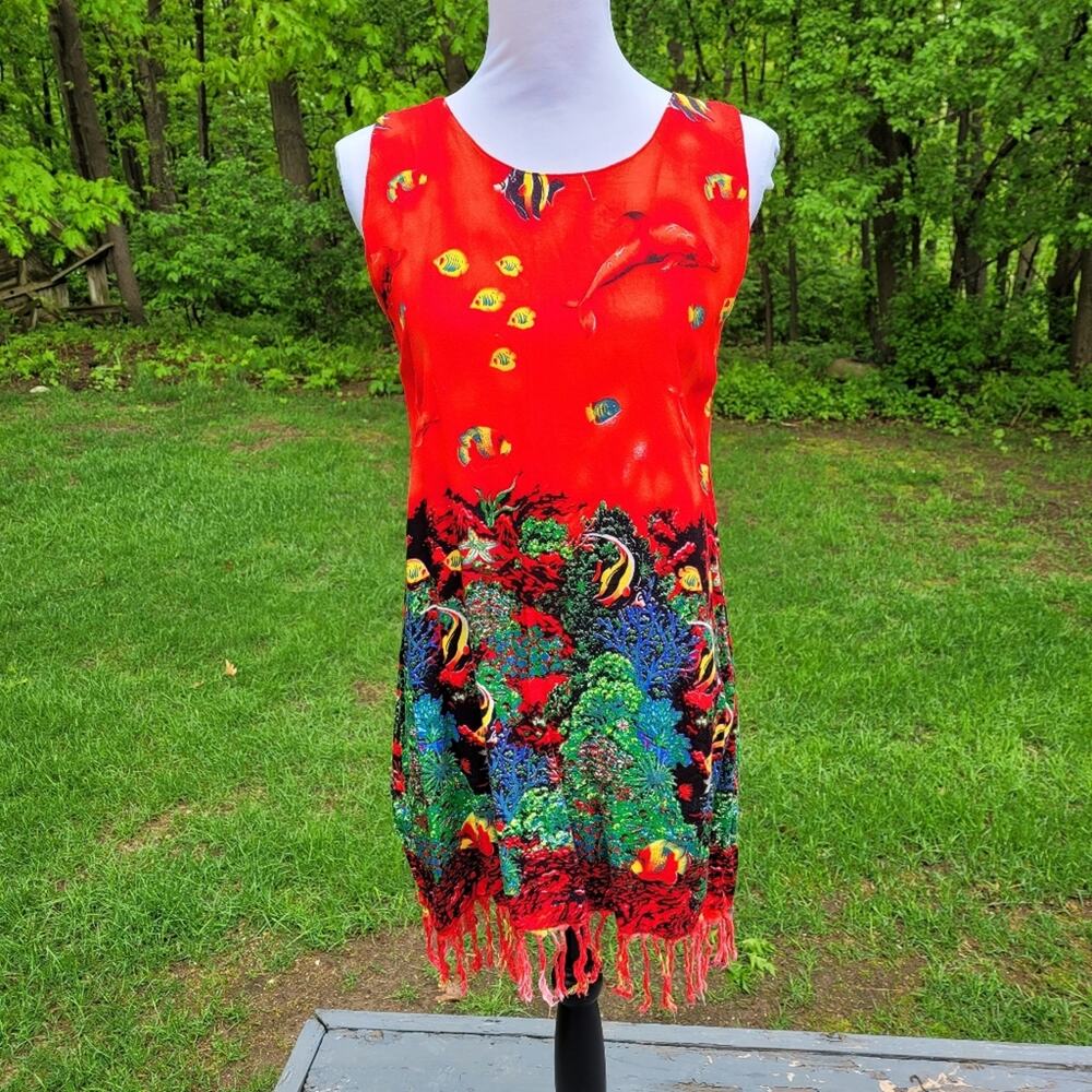 IN GEAR Sleeveless Orange Red Tropical Sea Dress with Fringe size Small